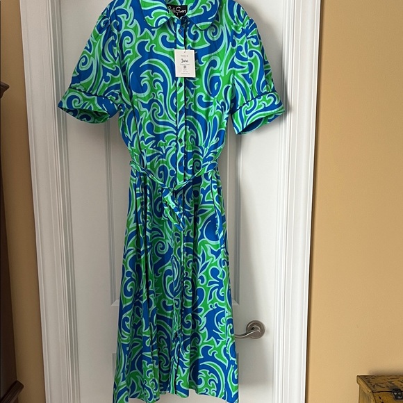 LESLEY EVERS JANE Vibrant Blue and Green patterned dress. - Picture 1 of 7